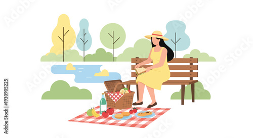 Serene Park Picnic And Reading Moment With Woman Enjoying Outdoors