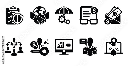 Business and finance icons for partnership insurance contracts and global success