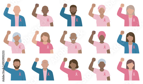 Diverse people raising fists for breast cancer awareness, symbolizing strength, unity, and support for the cause.