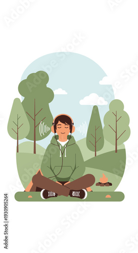 Serene Person Meditating Outdoors Listening to Music in a Peaceful Park Setting