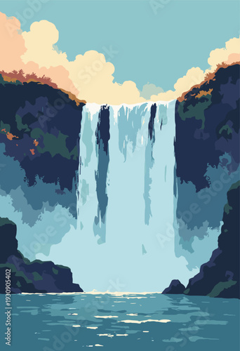 Victoria Falls, stylized as massive, jagged vertical lines white black plunging into abyss mist forms rigid geometric cloud Dramatic powerful Room typography