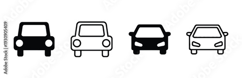 Car icons set, vehicle symbol, automobile, different styles, outline and filled, front view, modern and simple design