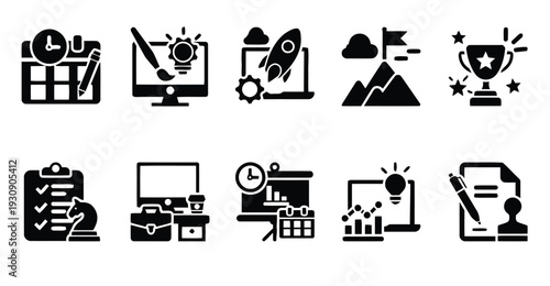 Business startup icons for project planning and success