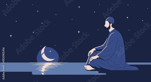 Serene Muslim Contemplation Under Starry Night Sky By Calm Waters