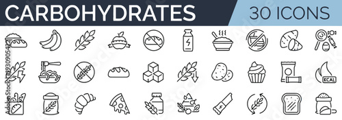 Carbohydrate icons set healthy food and carbohydrate rich products collection