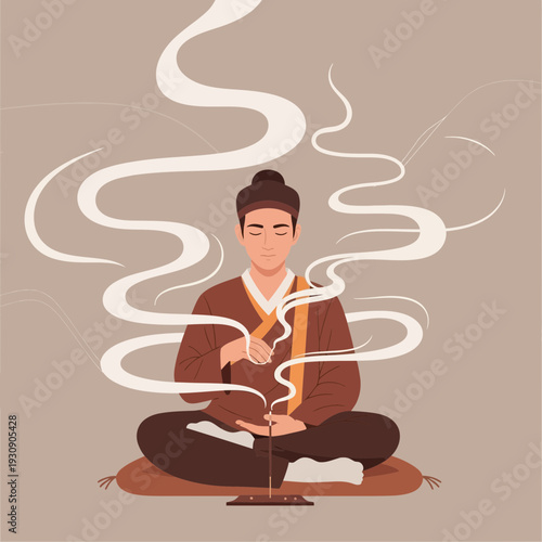 Serene Monk Meditating with Wisps of Incense Smoke Ascending Gently