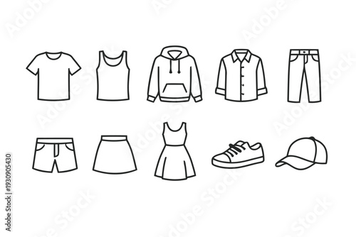 Casual clothing and apparel icons including t-shirts shorts dresses and shoes