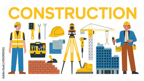 Flat design illustration of the construction industry, showcasing workers, tools, and equipment. Represents building, development, and urban infrastructure