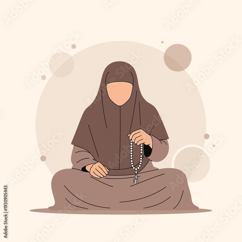 Serene Muslim Woman Engaged in Prayer Holding Prayer Beads