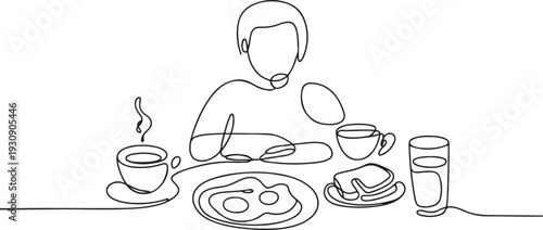 Continuous single line one morning, breakfast, meal character at the table. Coffee, fried eggs, tea, toast, juice. one line Icon drawing