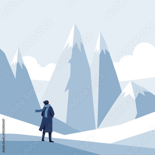 Serene Snowy Mountain Vista With A Solitary Figure Gazing Out At The Majestic Peaks