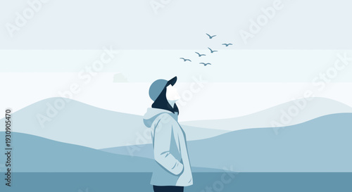 Serene Solitude Contemplating Nature's Grandeur With Birds Flying Above The Mountains