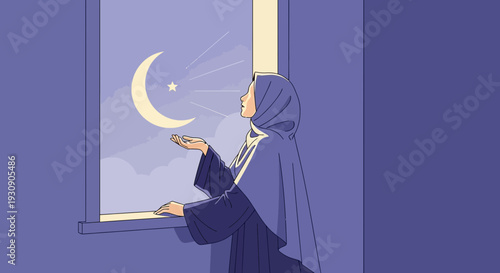 Serene Muslim Woman Gazing at Crescent Moon Through Window