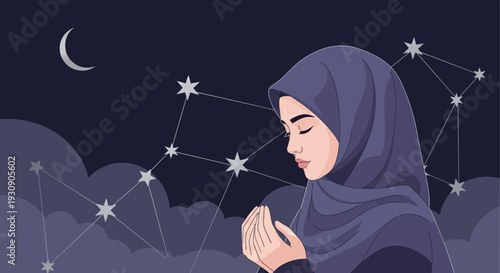 Serene Muslim Woman Praying Under a Starry Night Sky with Constellations
