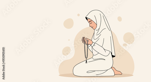 Serene Muslim Woman Praying With Beads On Light Background