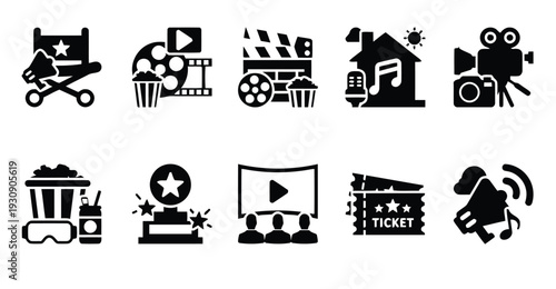 Collection of cinema and entertainment icons representing film industry, awards, and virtual reality experiences