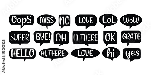 Collection of cartoon speech bubbles with different words and expressions for communication