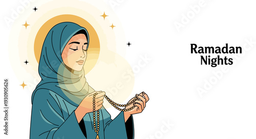 Serene Muslim Woman Praying With Beads Under Soft Ramadan Moonlight