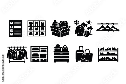 Closet organization and travel packing icons, storage and luggage symbols