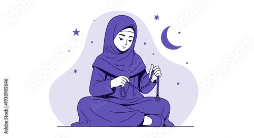 Serene Woman Meditating With Prayer Beads Under A Starry Night Sky