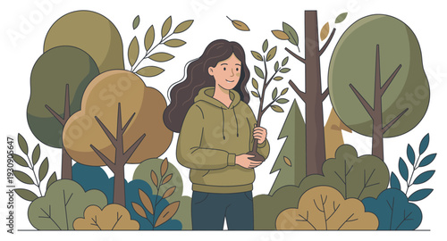 Young woman holding a small tree sapling with roots, standing among various green trees and bushes, symbolizing environmental care.
