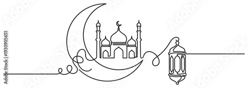 Crescent moon mosque lantern continuous line drawing for Islamic celebration and Ramadan Kareem greeting design.