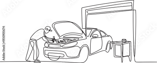 One continuous single drawn line art doodle mechanic, car, garage, service, auto, repair, vehicle, shop, engine, workshop. one line Icon drawing