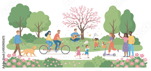 Diverse people enjoying park activities together during a beautiful spring day filled with leisure and outdoor fun.
