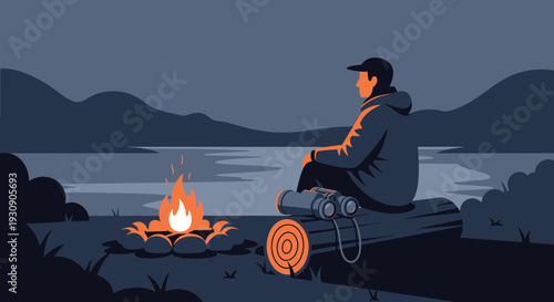 Serene Night Campfire With Hiker Overlooking Water And Mountains