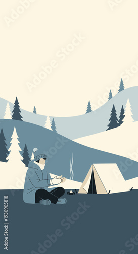 Serene Winter Camping Scene With Lone Figure By Tent