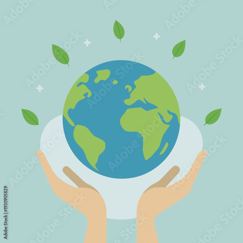 Hands cradling a globe surrounded by green leaves symbolizing environmental care and sustainability