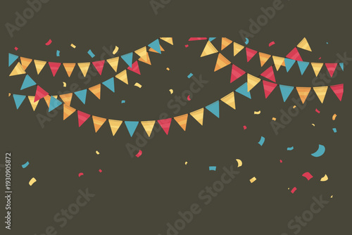 Colorful triangular pennant bunting with confetti on black background colorful flags