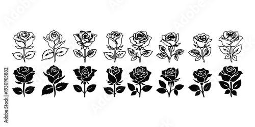 Collection of black silhouette rose flowers with leaves and stems isolated on white background
