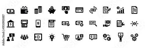 Collection of finance and banking icons representing money saving and transactions