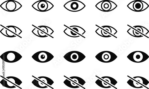 Collection of eye icons representing visibility and privacy settings and user interface elements