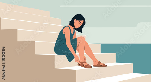Serene Woman Adjusts Sandals on Staircase in Calm Atmosphere