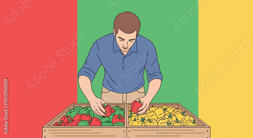 Shopkeeper Selecting Fresh Bell Peppers, Vegetable Varieties, Colorful and Appealing Arrangement