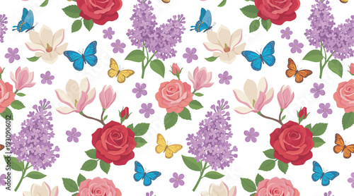 Colorful blooming flowers and graceful butterflies adorn this delightful seamless pattern, perfect for spring and summer textile designs.