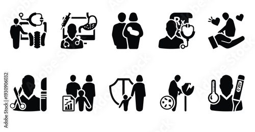 Collection of healthcare and medical icons representing doctors and patient care concepts
