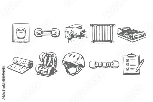 Collection of icons for child safety, sports equipment, and science laboratory objects