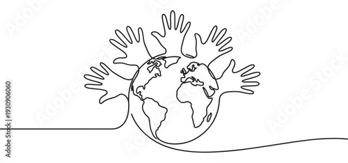 Multiple hands embracing the globe in a continuous line drawing symbolizing global unity and environmental protection.