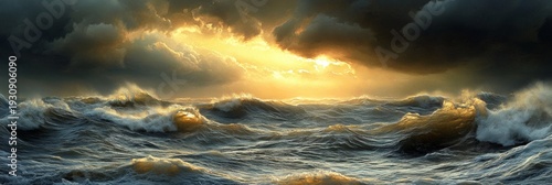 A dramatic scene of a stormy sea at sunset with clouds and golden light.