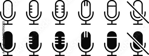 Collection of microphone icons representing different types and mute status for audio recording