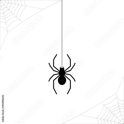 Silhouette Of Arachnid Hanging With Webs Against A Clean White Background For Halloween