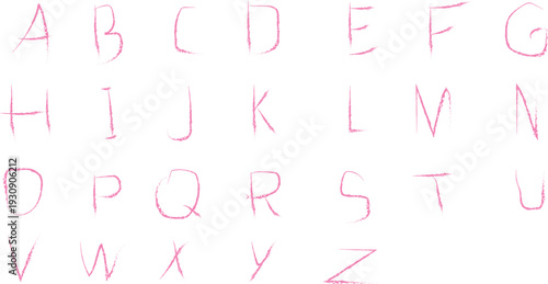 Pink chalk or crayon hand drawn uppercase alphabet set
