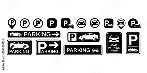 Collection of parking signs and symbols with car icons for parking information