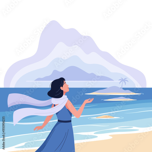 Serene Woman Gazing At Distant Tropical Islands With A Majestic Mountain Backdrop
