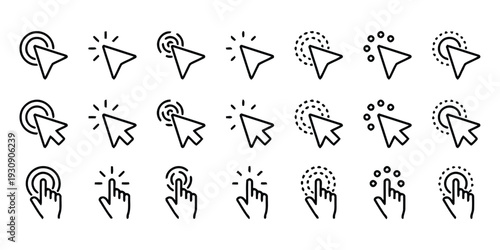 Collection of mouse cursor icons showing pointer finger and hand click actions for web design