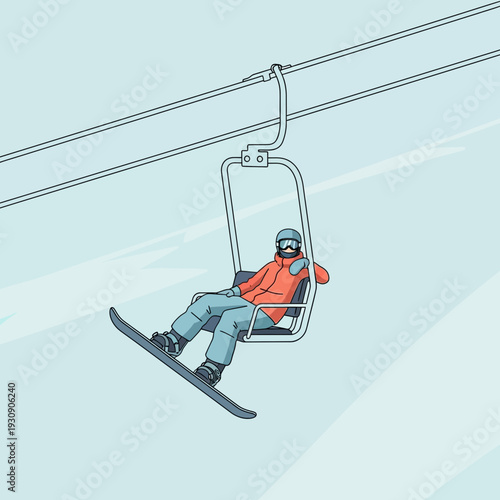Snowboarder Ascends Via Ski Lift On Snowy Mountain Slope
