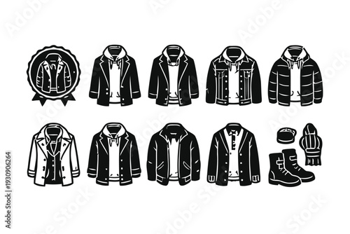 Collection of outerwear clothing icons for men fashion